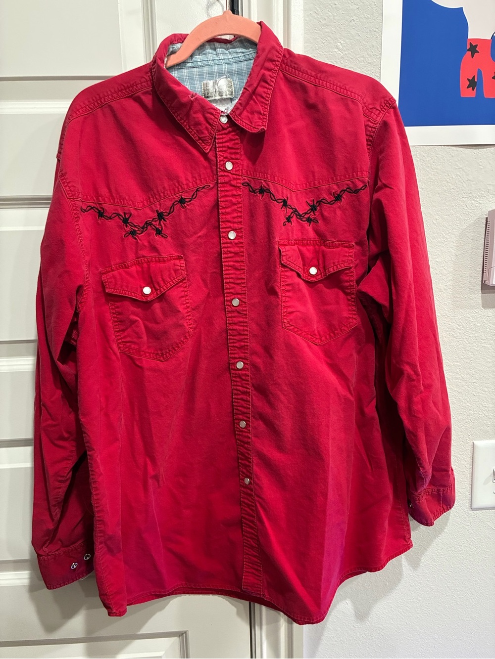 Men's Red Long-Sleeve Button-Down Shirt with Embroidered Yoke